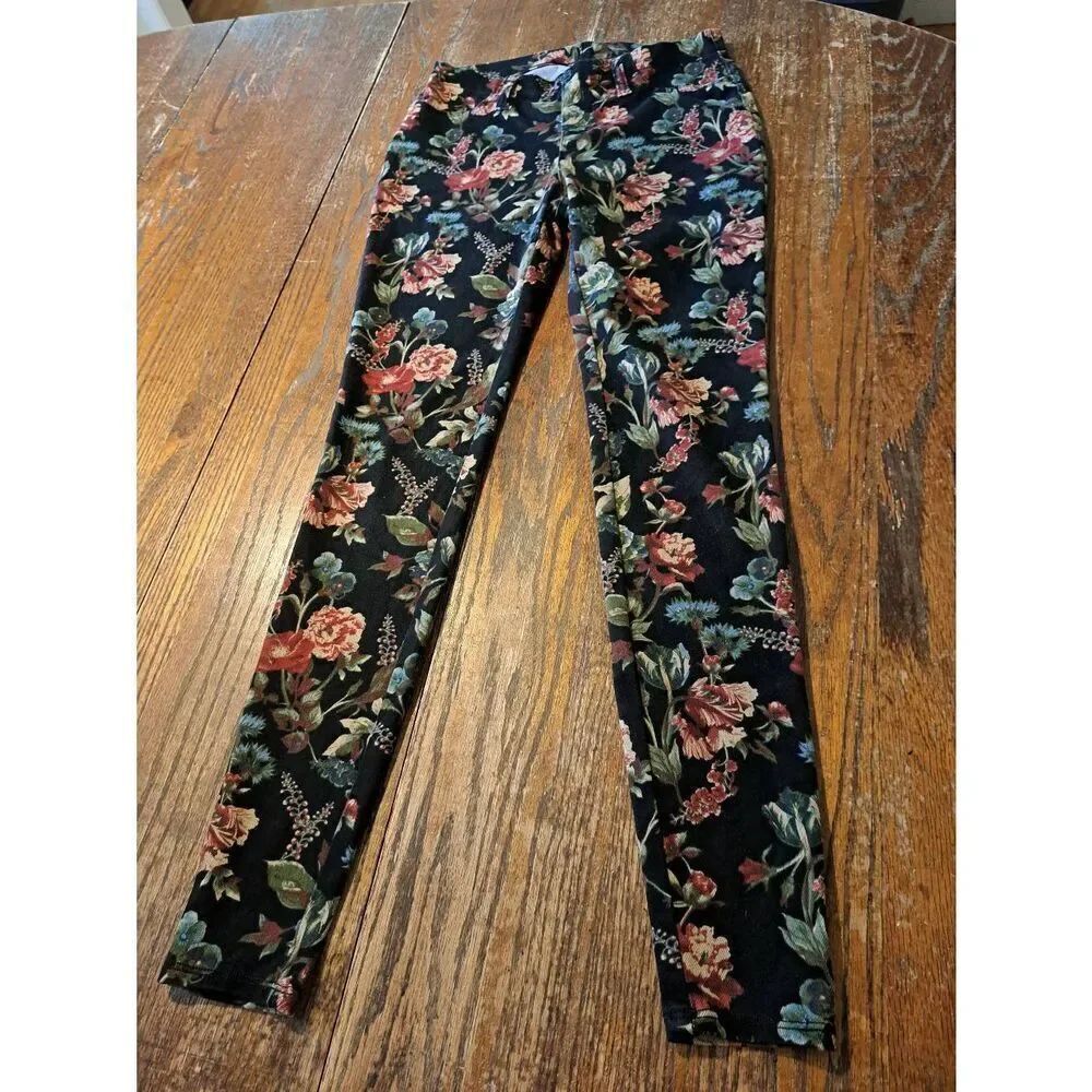 XS 0/2 Faded Glory Floral Elastic Waist Slip On Casual Skinny Fit Pants w Pocket
